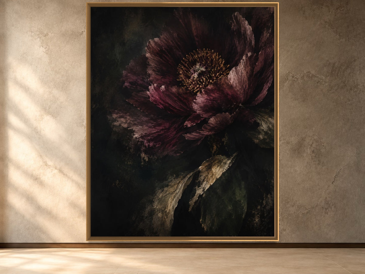 Burgundy Nocturne dark burgundy floral wall art in a slim gold frame