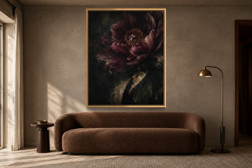 Burgundy Nocturne moody floral wall art above a deep brown sofa