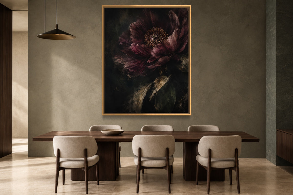 Burgundy Nocturne dark floral wall art above a walnut dining table