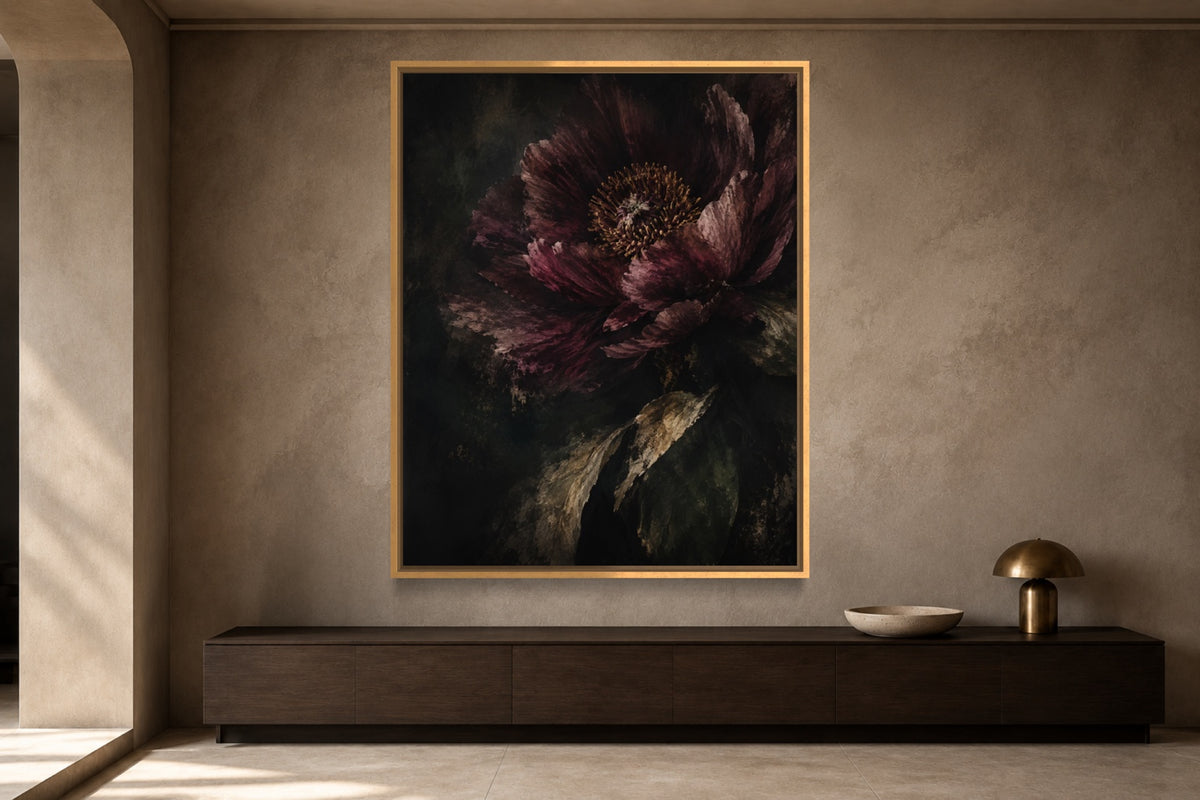 Burgundy Nocturne botanical wall art above a dark timber console