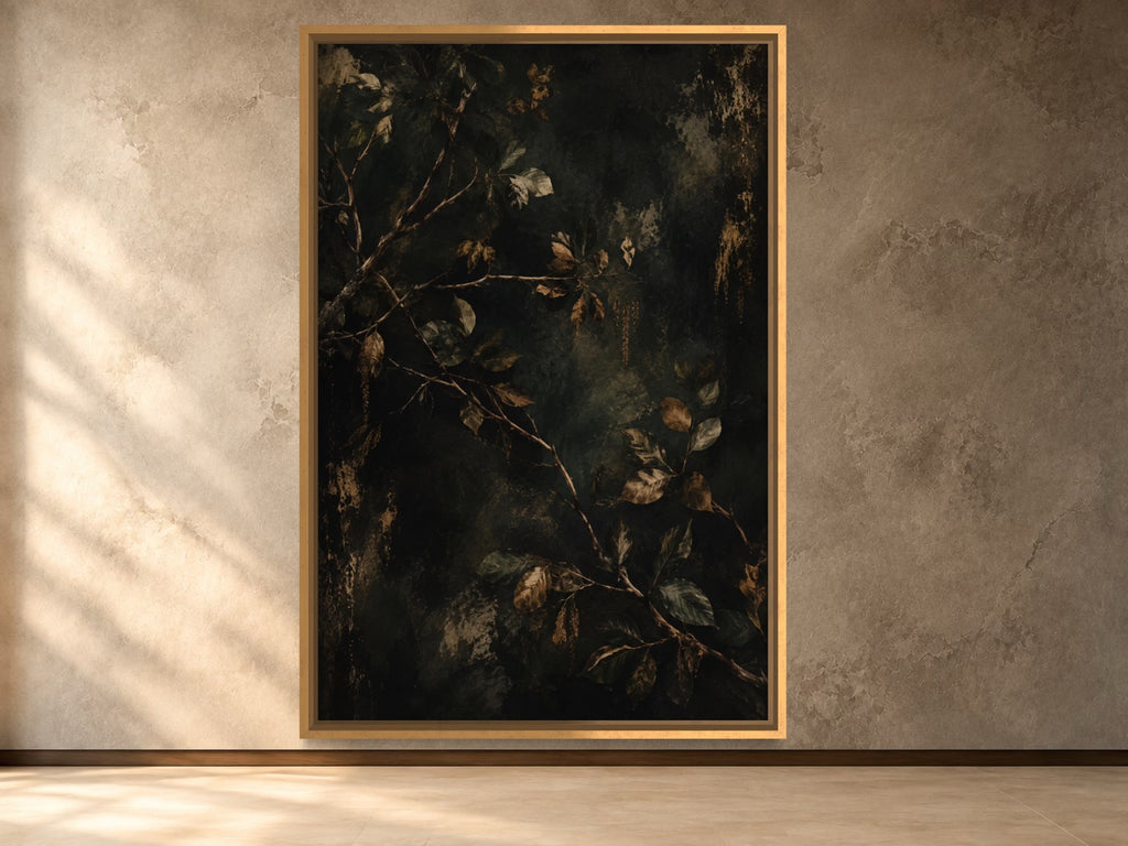 Woodland Branches dark botanical branch wall art in a slim gold frame