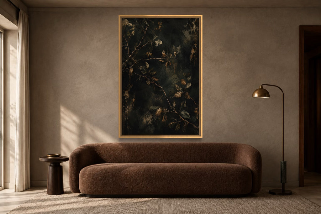 Woodland Branches atmospheric botanical wall art above a deep brown sofa