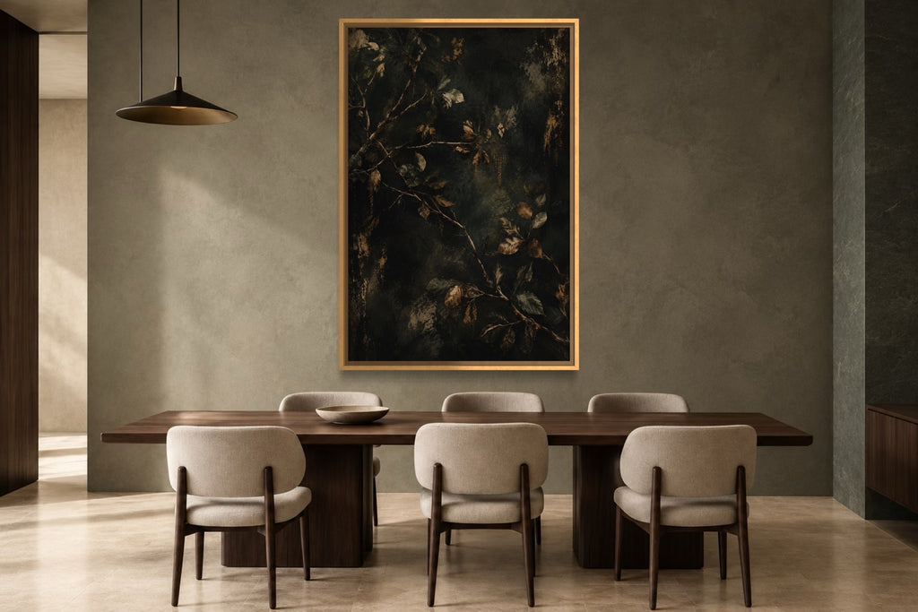 Woodland Branches dark woodland wall art above a walnut dining table