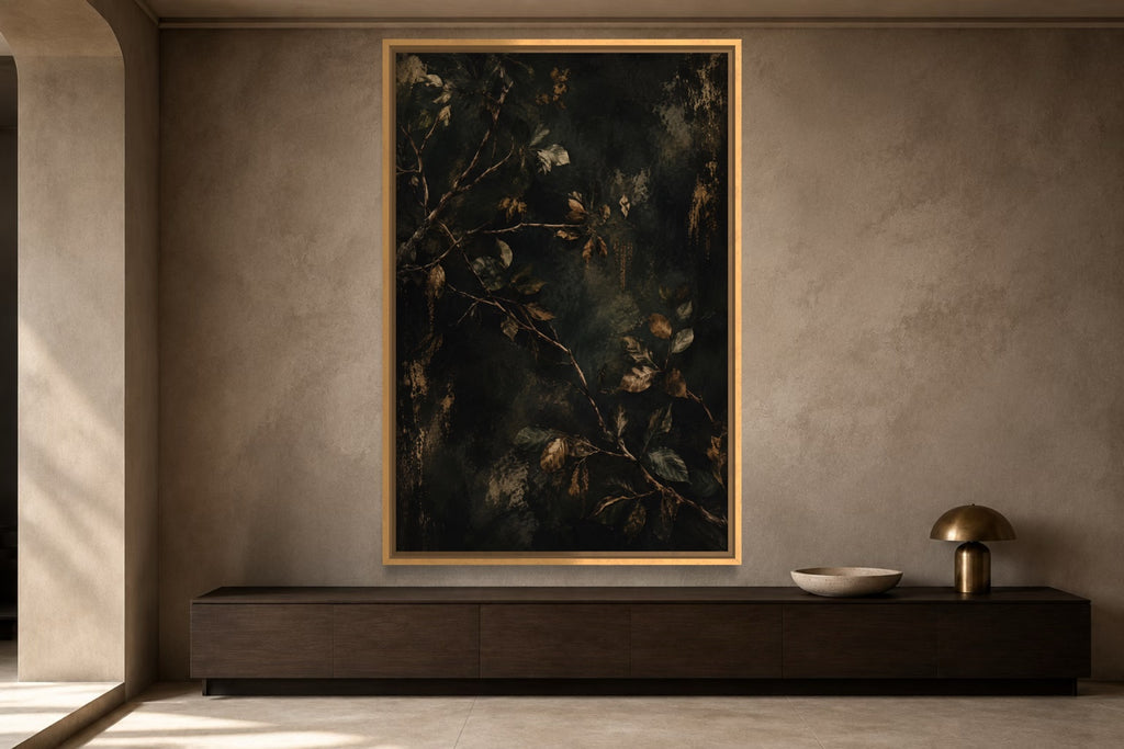 Woodland Branches moody botanical wall art above a dark timber console