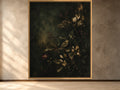 Hidden Song dark green botanical bird wall art in a slim gold frame