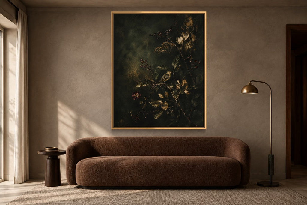 Hidden Song dark botanical bird wall art above a deep brown sofa