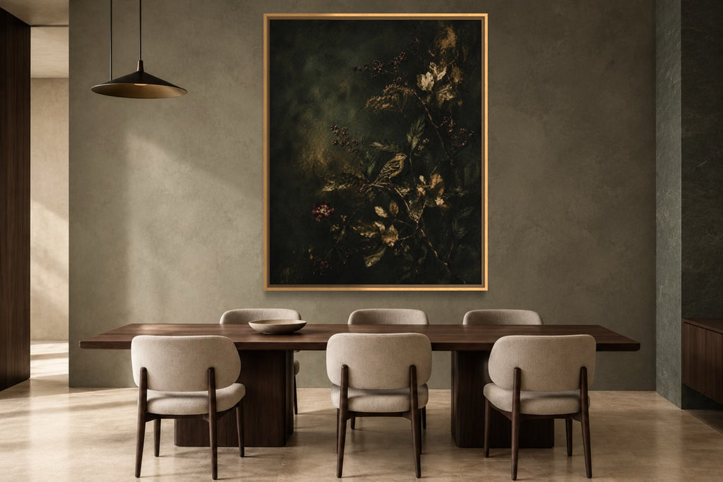 Hidden Song botanical bird wall art above a walnut dining table