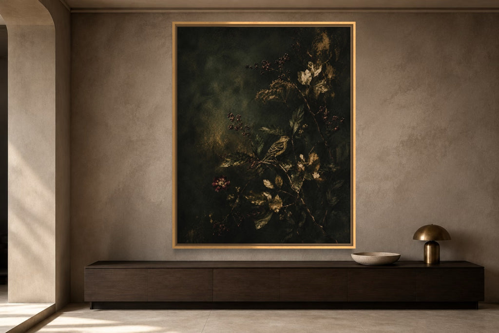 Hidden Song dark botanical bird wall art above a dark timber console