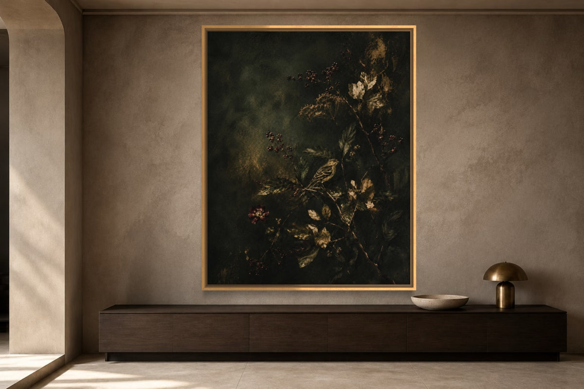 Hidden Song dark botanical bird wall art above a dark timber console