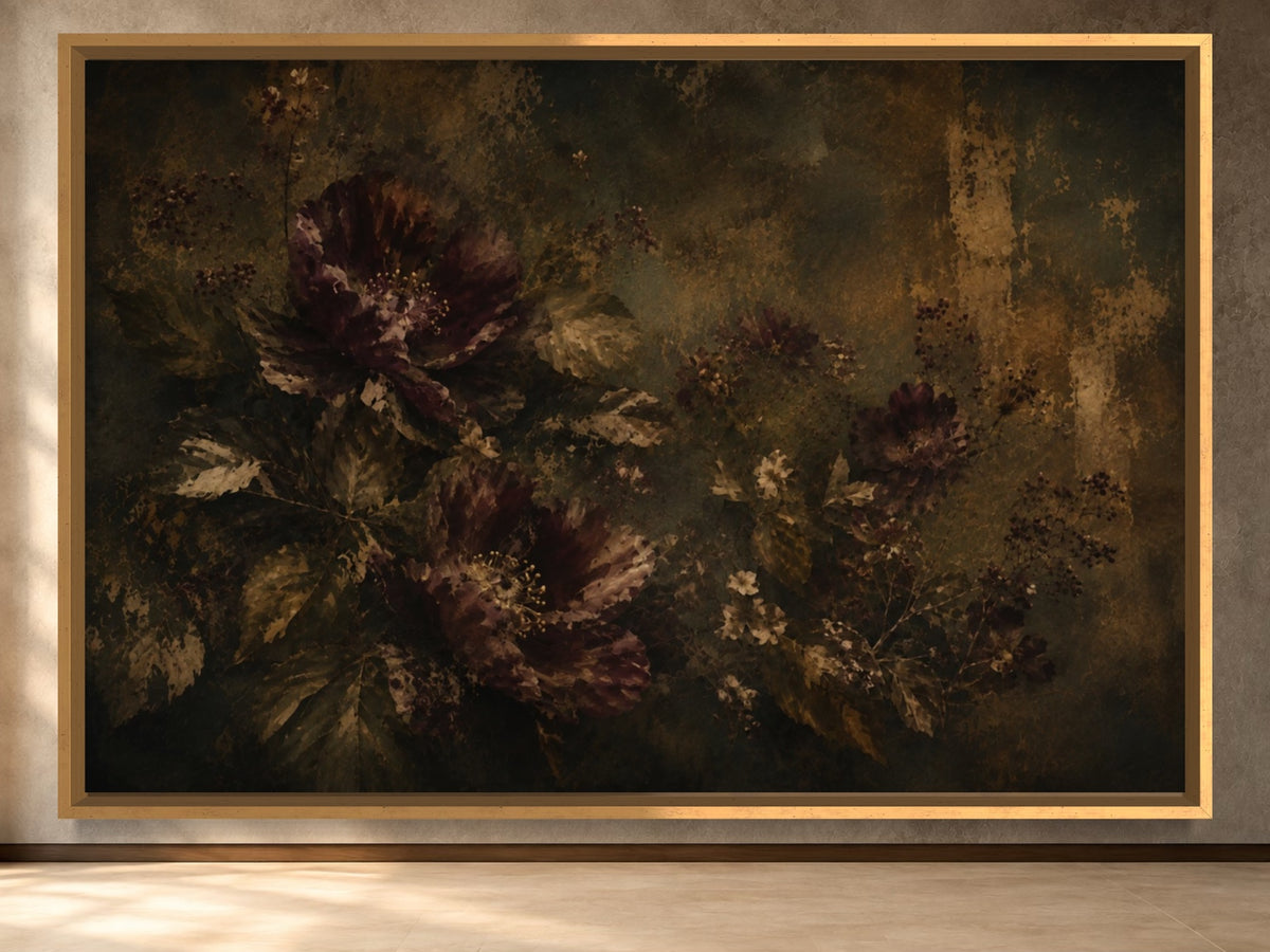 Burnished Garden dark burgundy floral landscape wall art in a slim gold frame