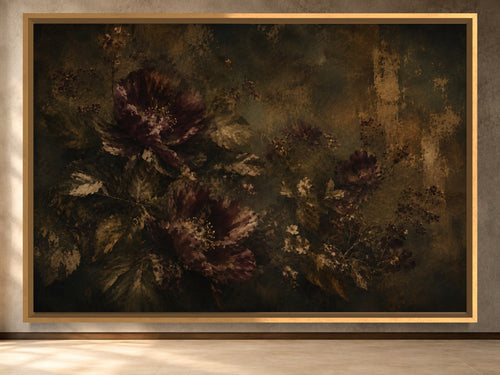 Burnished Garden dark burgundy floral landscape wall art in a slim gold frame