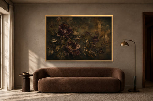 Burnished Garden moody floral landscape wall art above a deep brown sofa