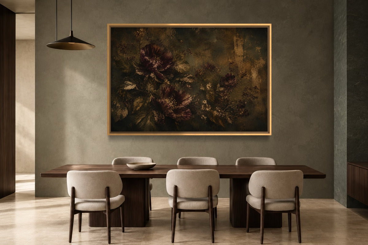 Burnished Garden dark floral landscape wall art above a walnut dining table