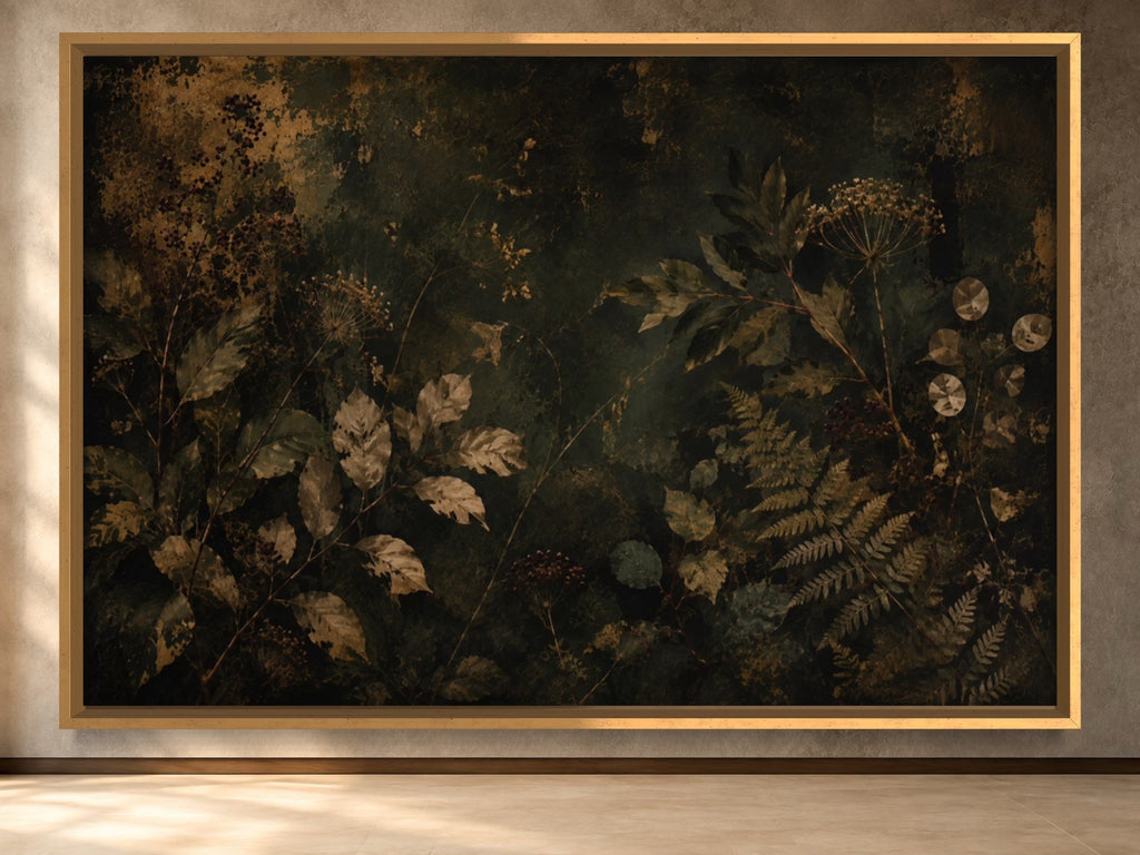 Night Herbarium dark botanical wall art in a gold frame, product-focused hero view