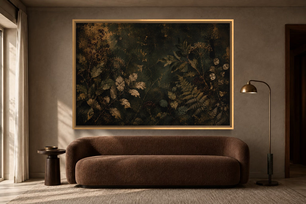 Night Herbarium dark botanical wall art above a brown sofa in a warm contemporary living room