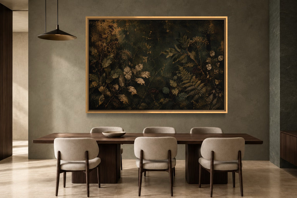 Night Herbarium dark botanical wall art above a dining table in a warm contemporary dining room