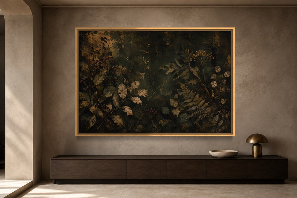 Night Herbarium dark botanical wall art above a dark wood console