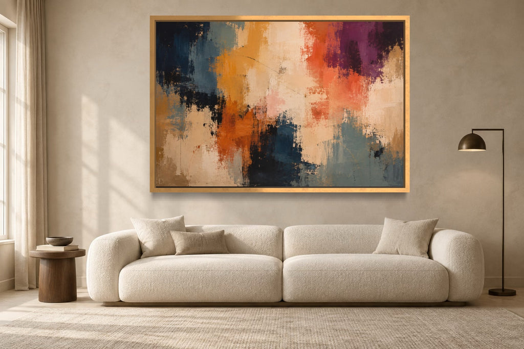 Colour Passage colourful abstract wall art above an ivory sofa in a warm contemporary living room