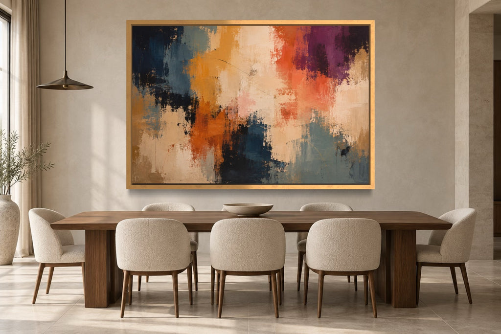 Colour Passage colourful abstract wall art above a walnut dining table in a warm contemporary dining room