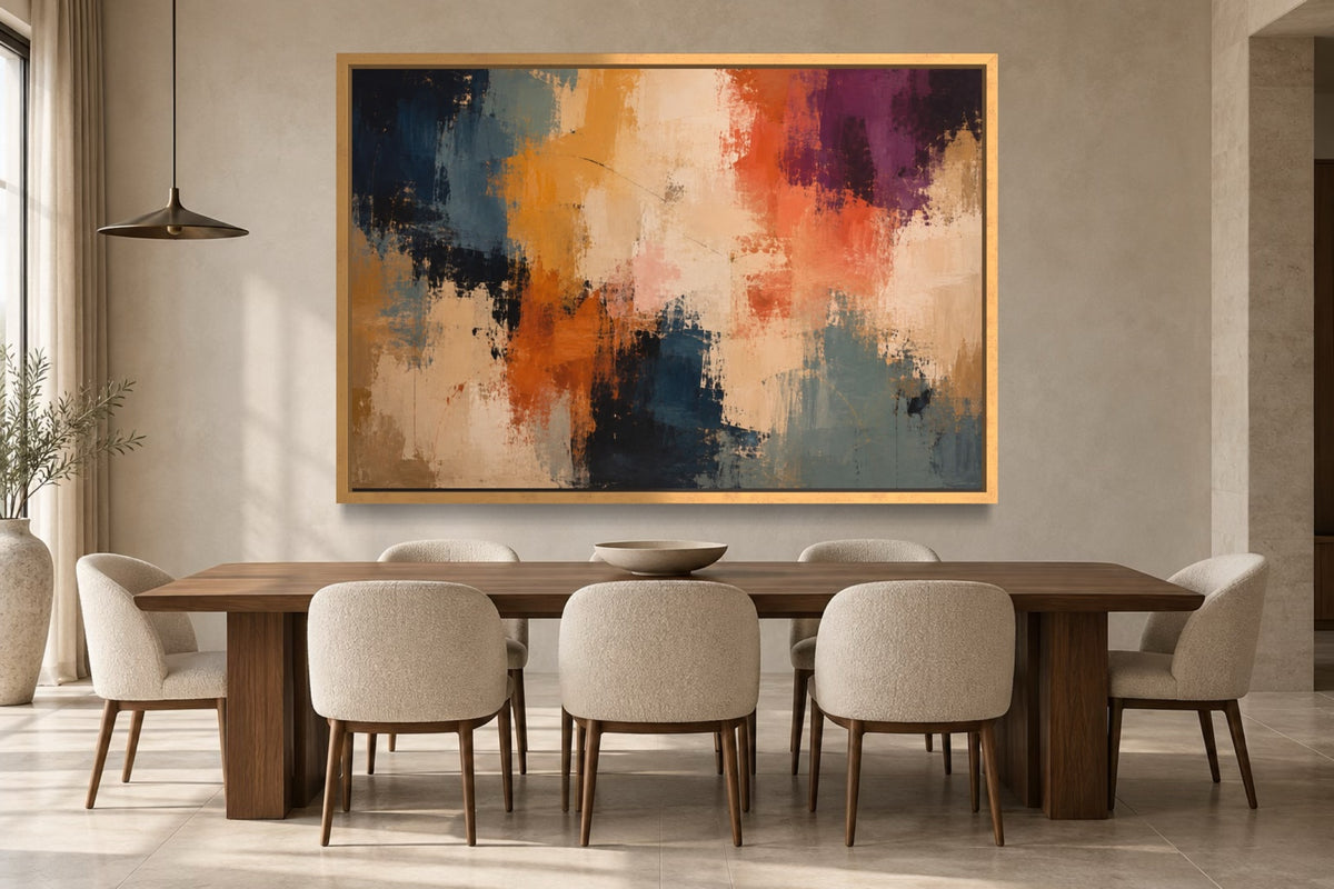 Colour Passage colourful abstract wall art above a walnut dining table in a warm contemporary dining room