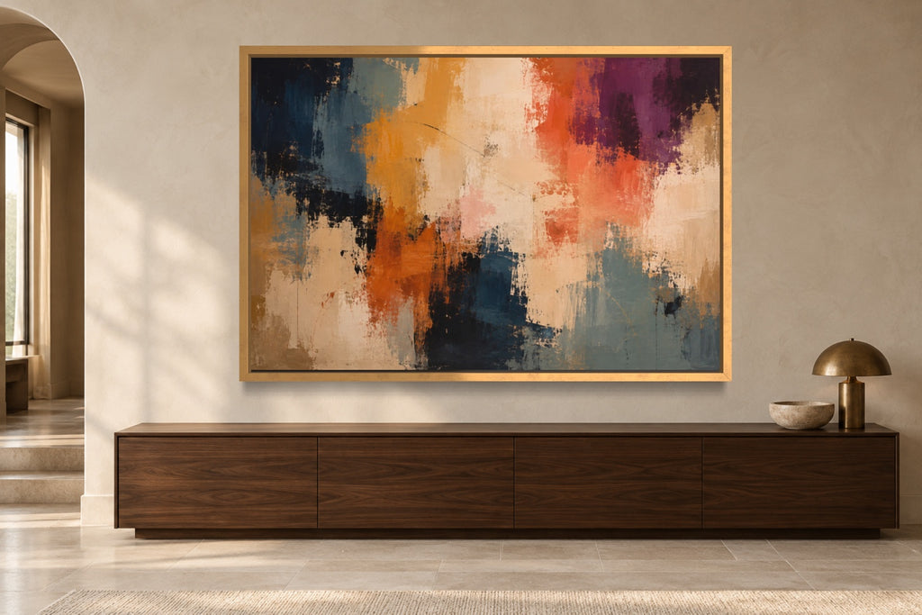 Colour Passage colourful abstract wall art above a dark walnut console
