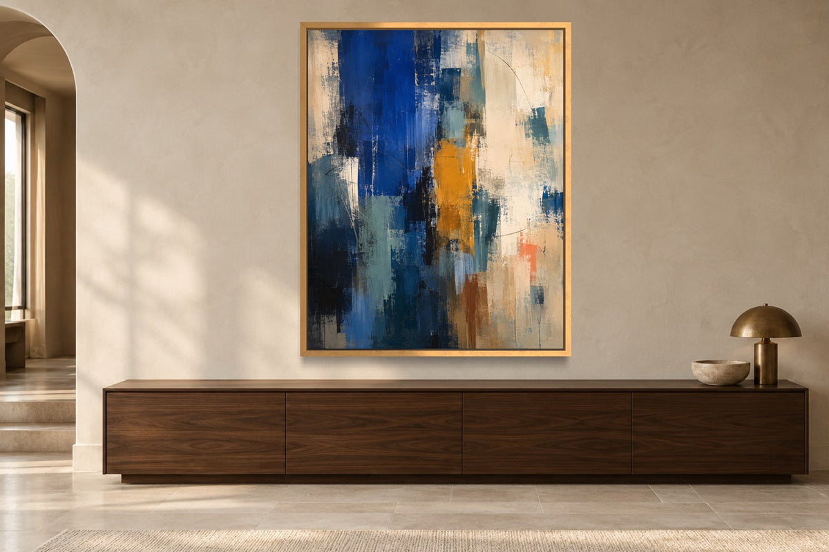 Cobalt Shift blue abstract wall art above a dark walnut console