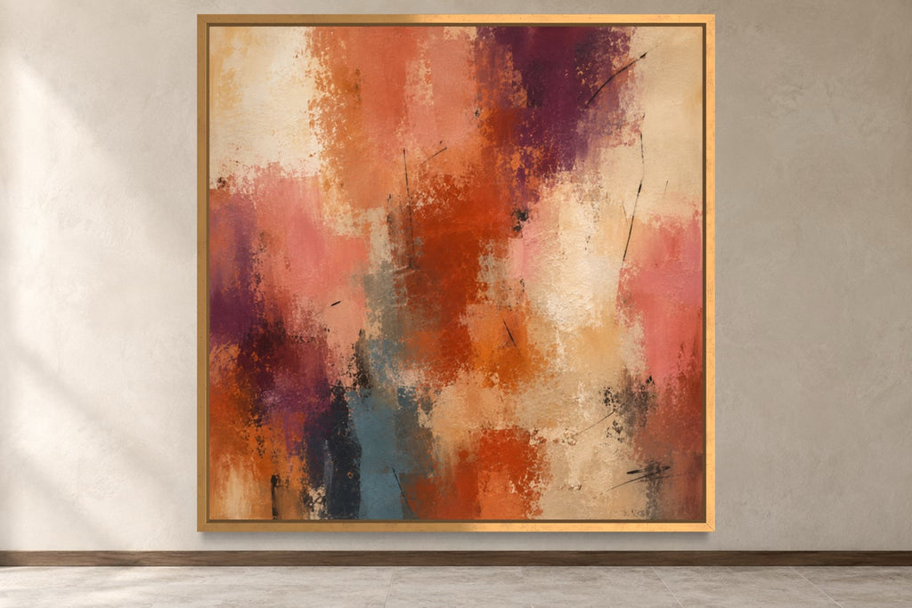 Terracotta Pulse warm terracotta square abstract wall art in a gold frame, product-focused hero view