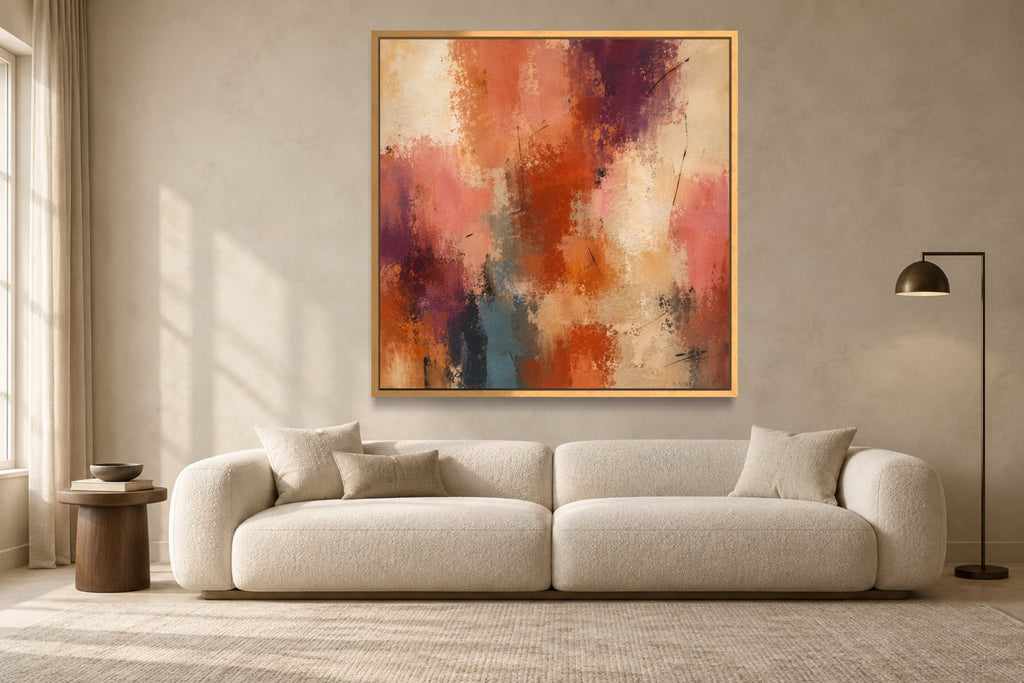 Terracotta Pulse warm abstract wall art above an ivory sofa in a contemporary living room