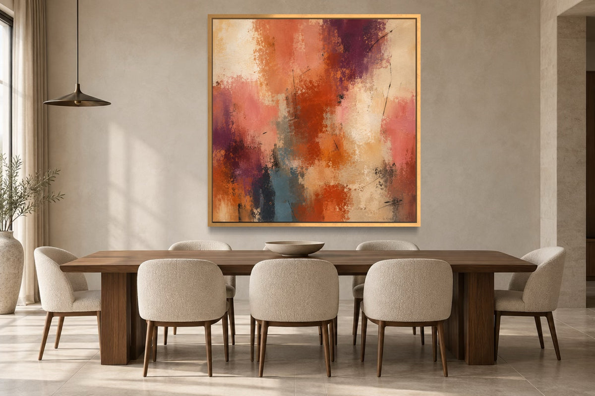 Terracotta Pulse terracotta and plum abstract wall art above a walnut dining table