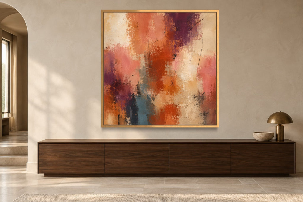 Terracotta Pulse square abstract wall art above a dark walnut console
