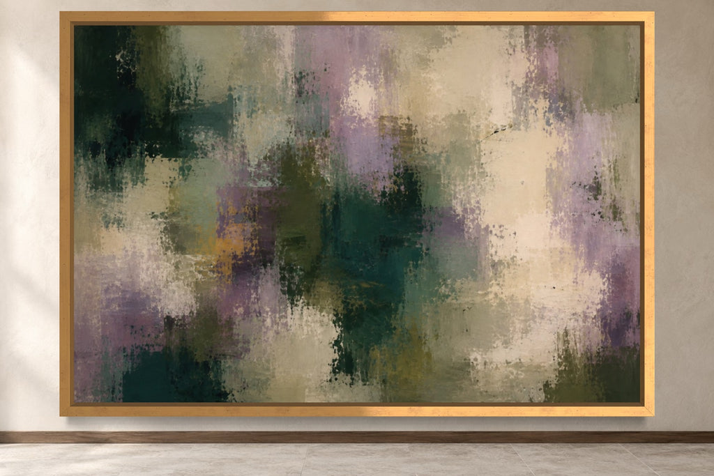 Viridian Haze green and lilac abstract wall art in a gold frame, product-focused hero view