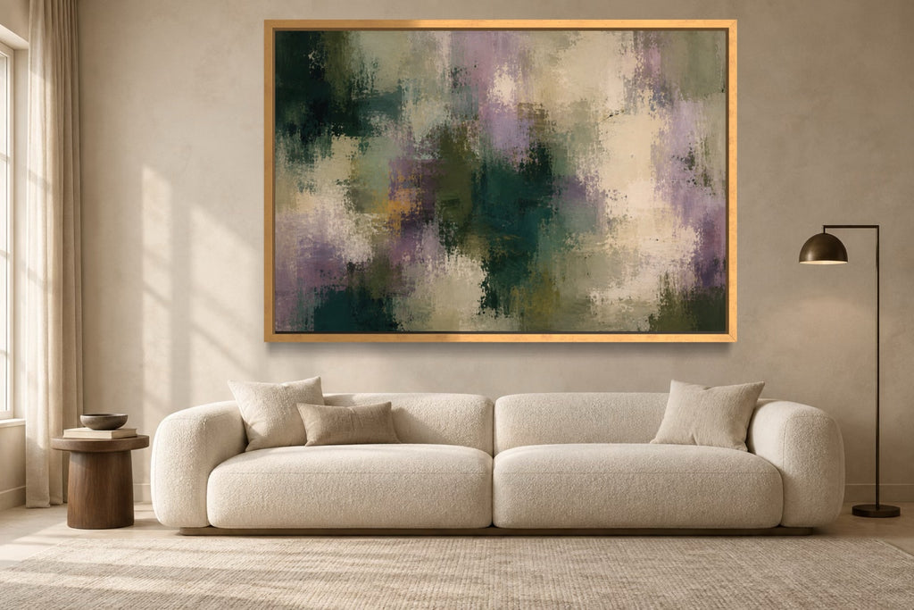 Viridian Haze green abstract wall art above an ivory sofa in a contemporary living room