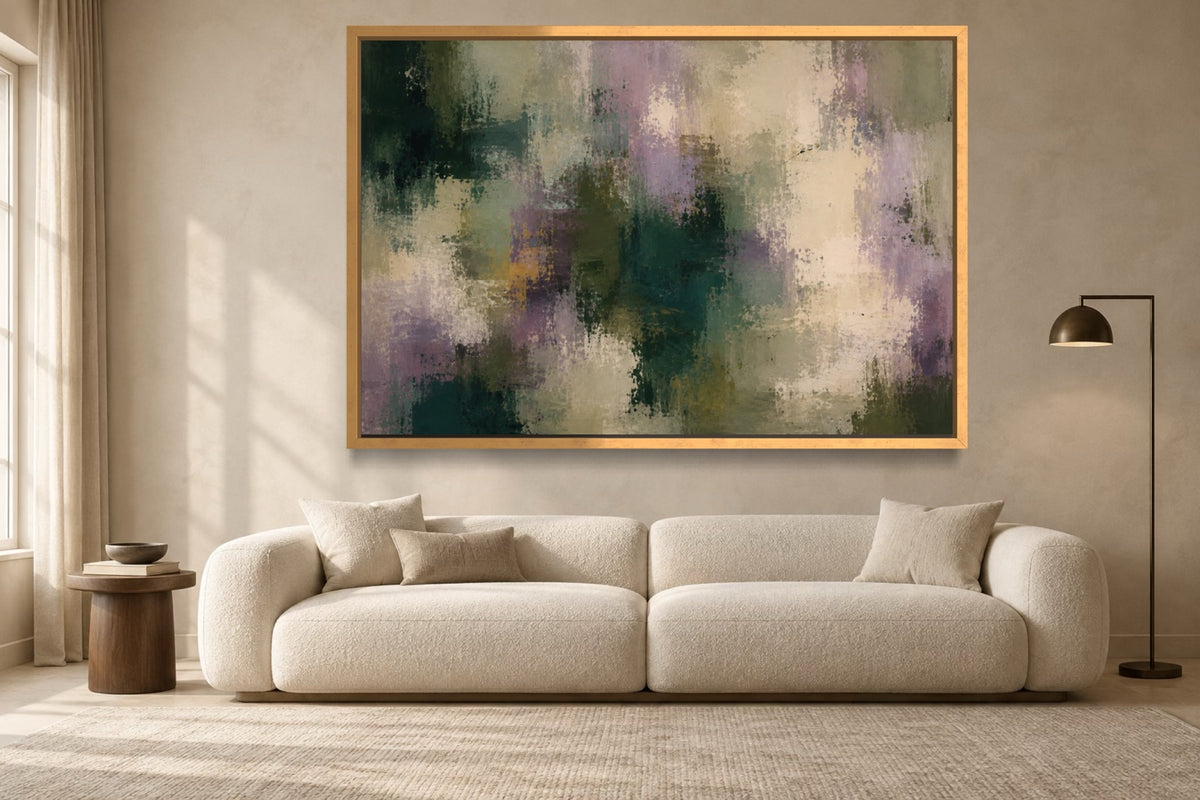 Viridian Haze green abstract wall art above an ivory sofa in a contemporary living room