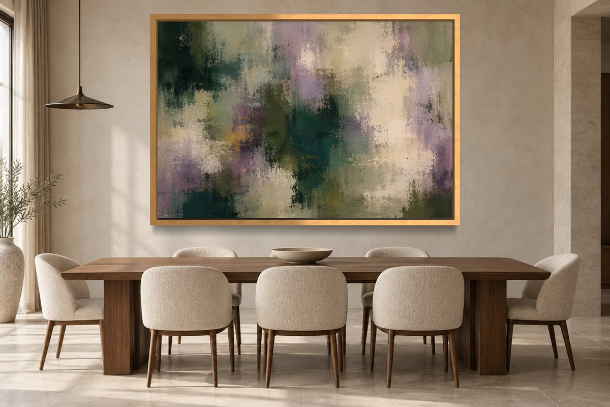 Viridian Haze viridian and lilac abstract wall art above a walnut dining table