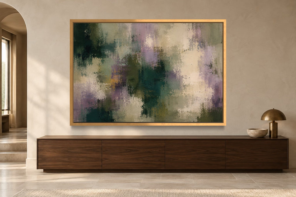 Viridian Haze landscape abstract wall art above a dark walnut console