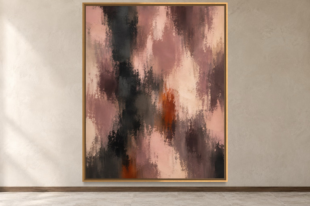 Smoked Rose dusty rose and charcoal abstract wall art in a gold frame, product-focused hero view