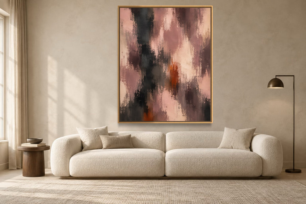 Smoked Rose pink and charcoal abstract wall art above an ivory sofa in a contemporary living room