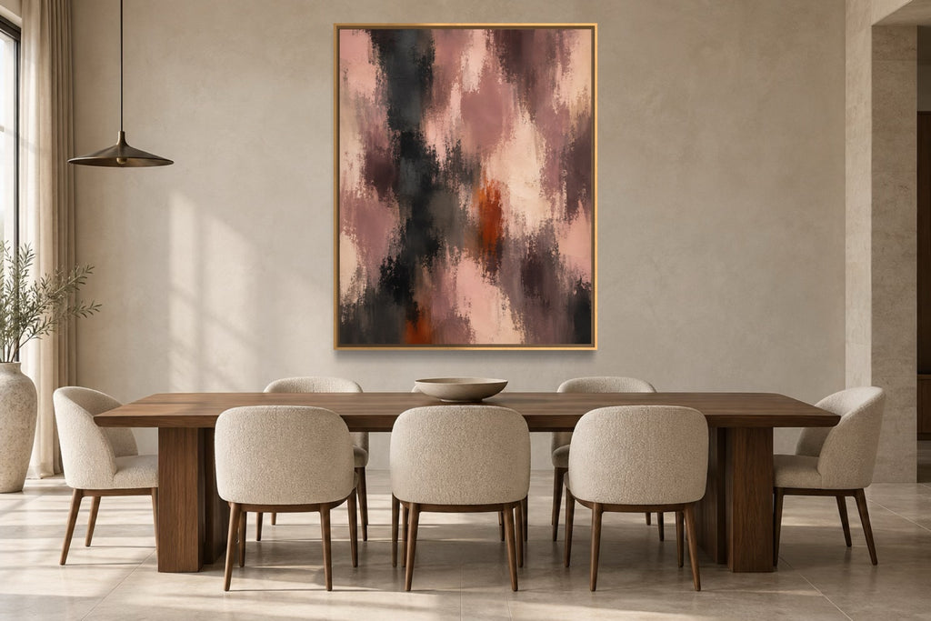 Smoked Rose dusty rose abstract wall art above a walnut dining table
