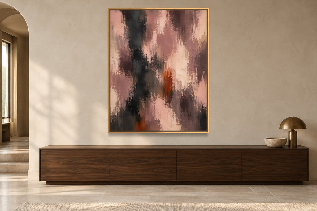 Smoked Rose portrait abstract wall art above a dark walnut console