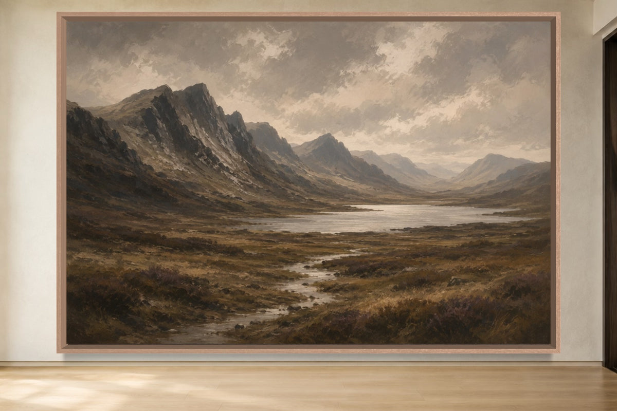 Highland Earth warm Scottish mountain and loch wall art in a natural frame, product view