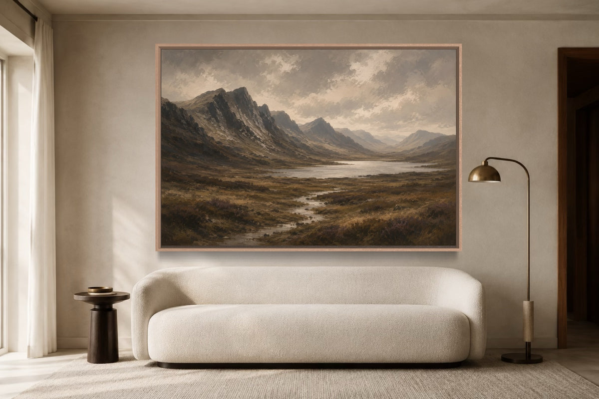 Highland Earth warm Highland landscape wall art above a cream sofa