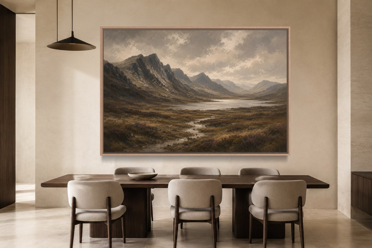Highland Earth Scottish mountain wall art above a dark walnut dining table