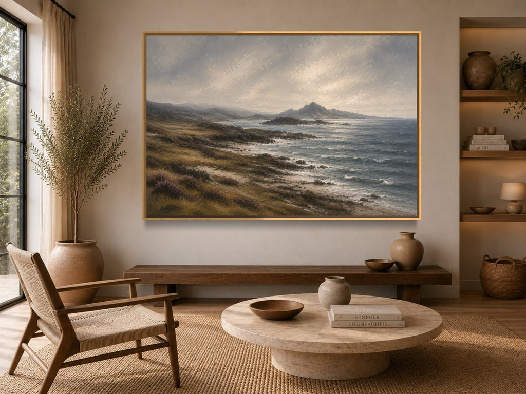 Atlantic Edge coastal landscape wall art in a warm natural living room