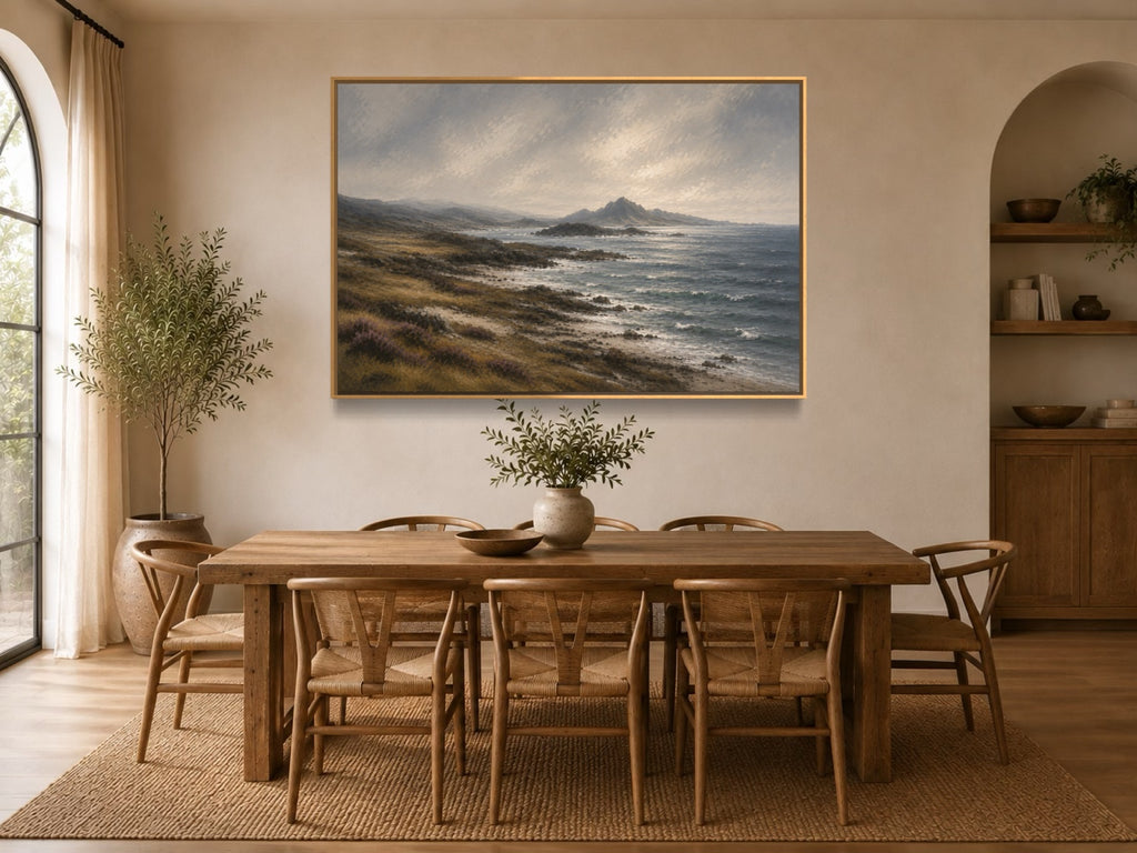 Atlantic Edge coastal landscape wall art above a rustic dining table