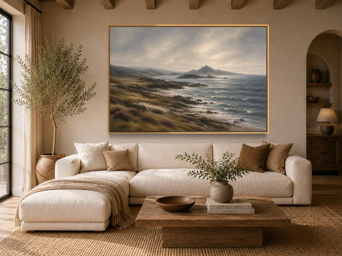 Atlantic Edge coastal landscape wall art above a neutral sofa