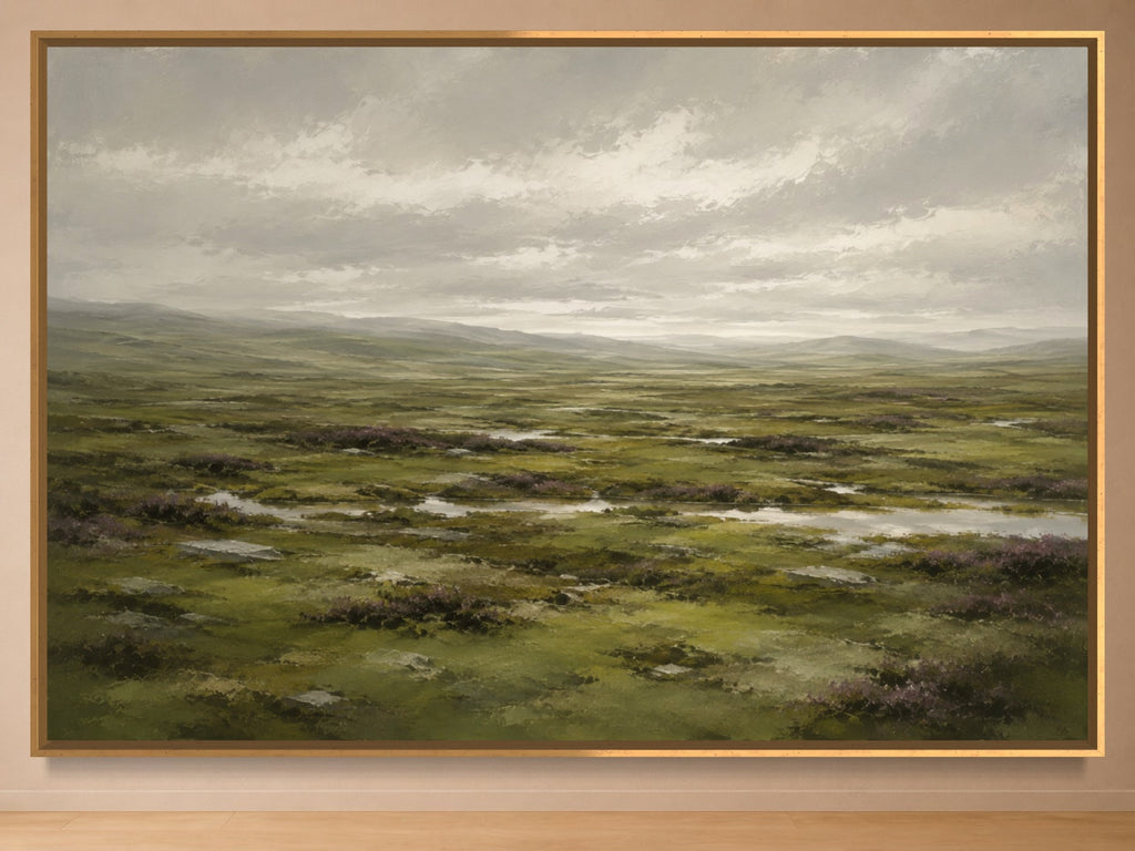 Moorland Reverie green Scottish moorland wall art in a gold frame, product view