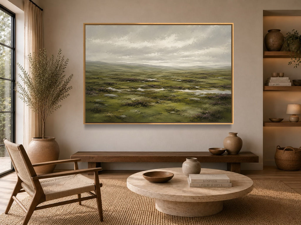 Moorland Reverie green moorland wall art in a warm natural living room