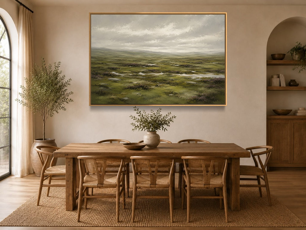 Moorland Reverie green moorland wall art above a rustic dining table