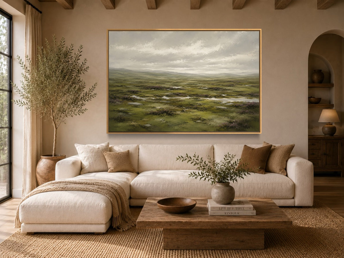 Moorland Reverie green moorland wall art above a neutral sofa