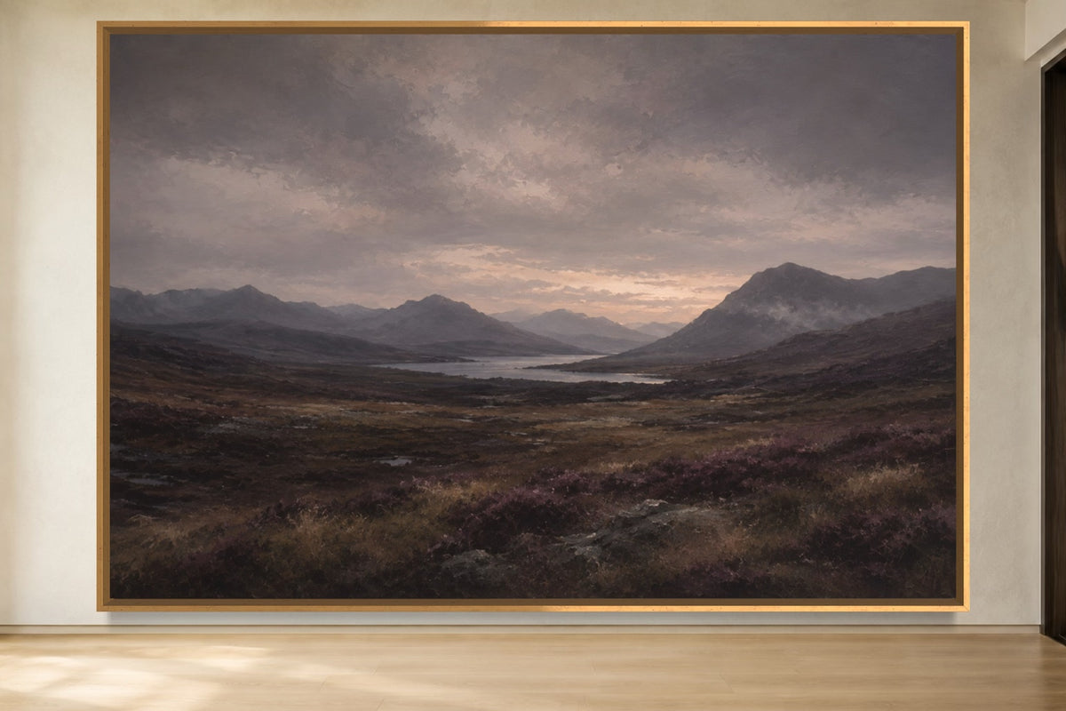 Highland Dusk dark Scottish landscape wall art in a gold frame, product view